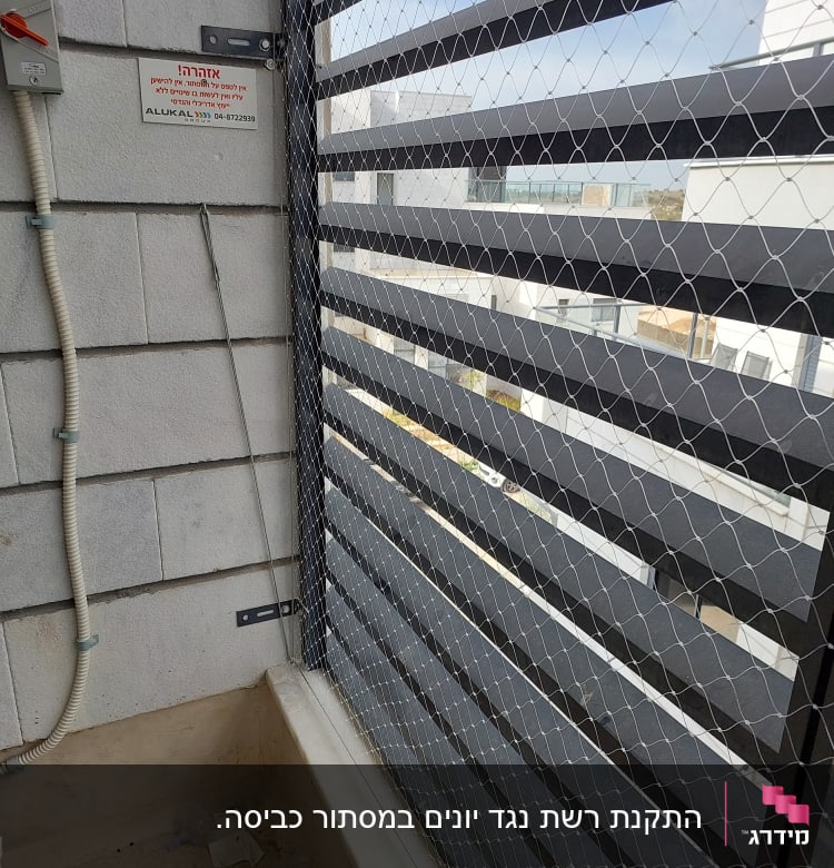 רשת מתכת מותקנת על חלון למניעת כניסת יונים